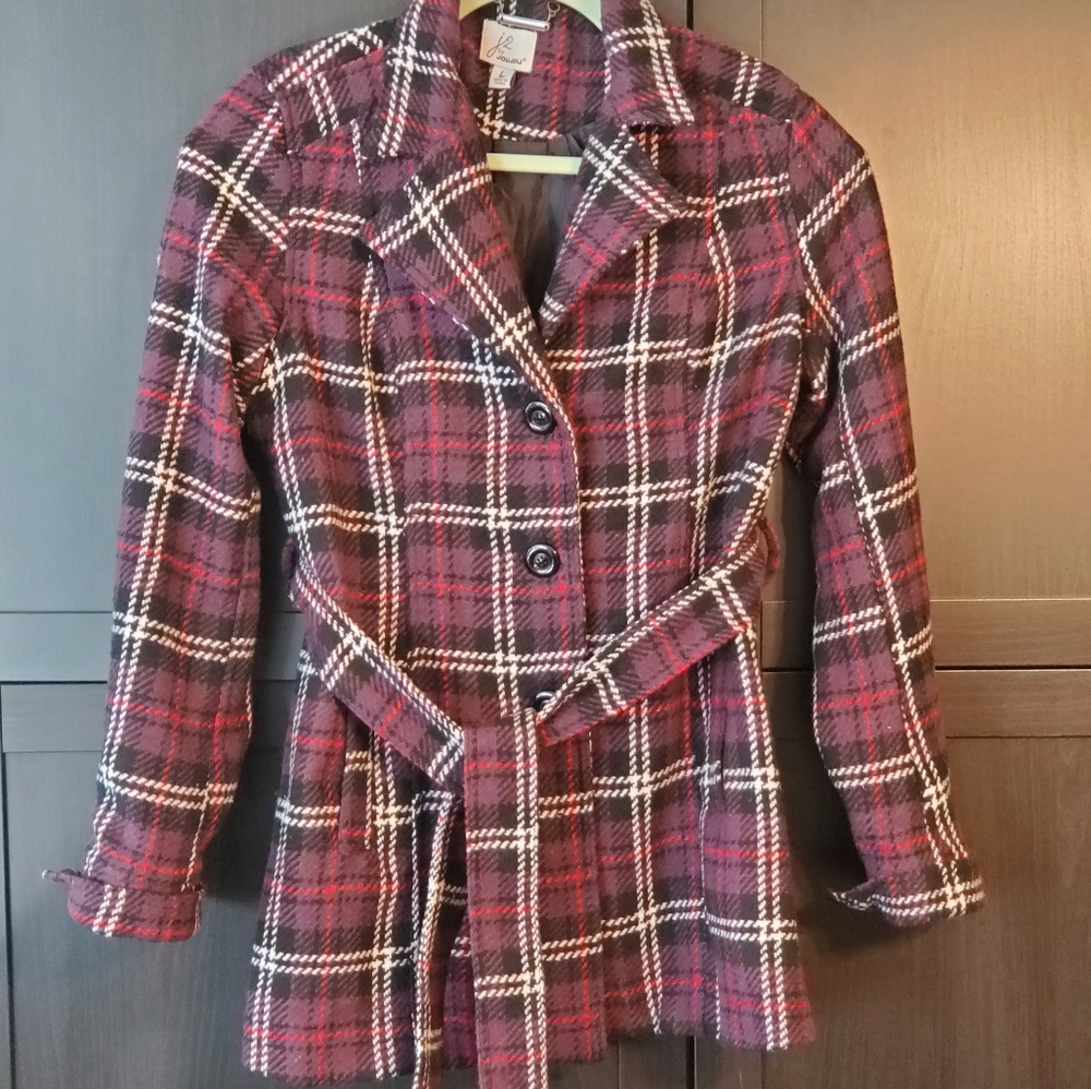 Plaid Wrap Jacket - Purple and Black  Belted Lined Women's Size L Large